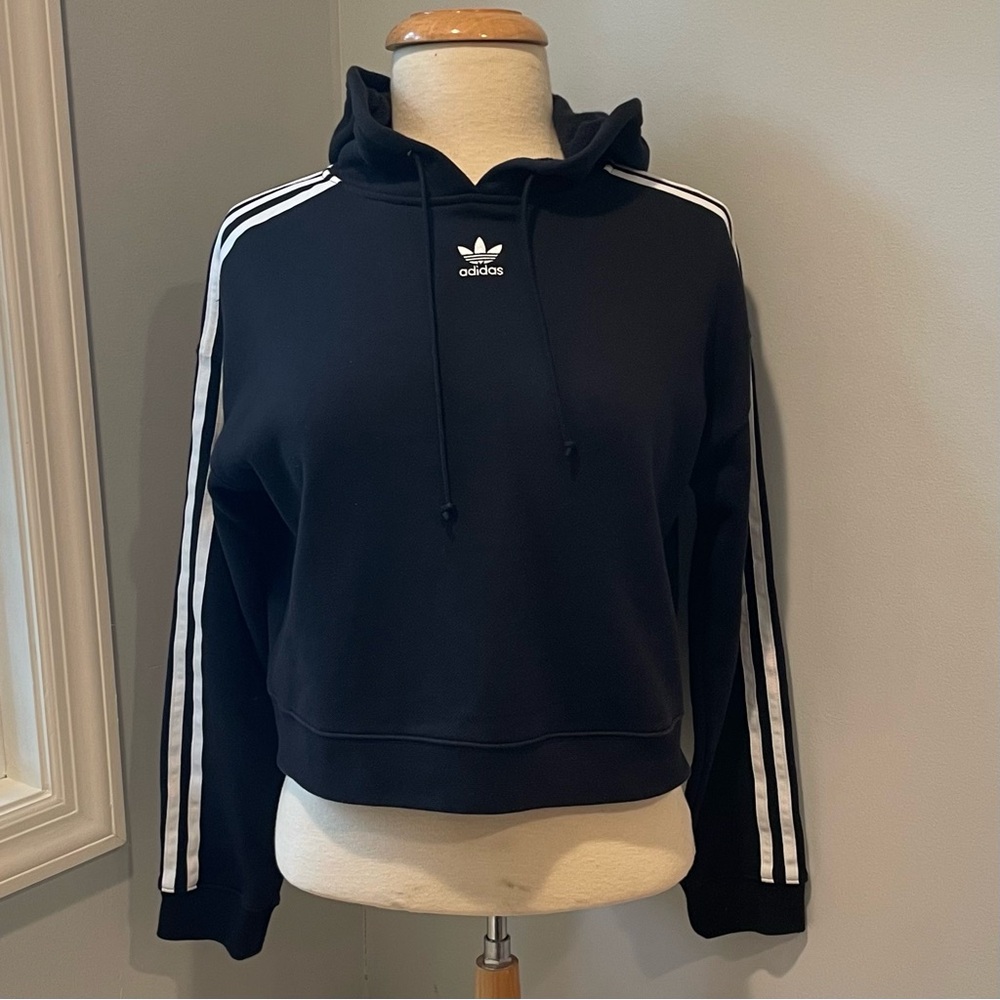 Adidas cropped Black Pullover with signature white stripes. Womens XS